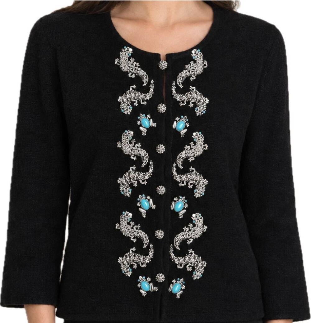 Vintage Michael Simon Beaded Button Up Cardigan Turquoise Lizard Silk Black L